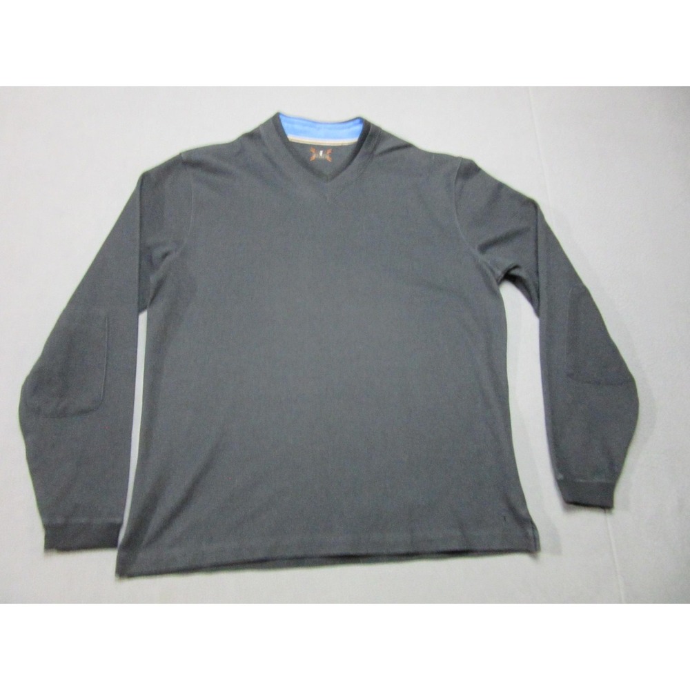 Left Coast Shirt Mens XL Dark Gray Blue Trim V Neck Pullover Elbow Patch Casual